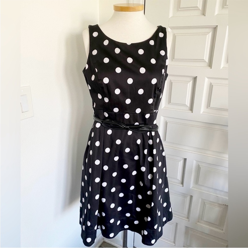 White House Black Market Dress Polka Dot Fit & Flare Classic Bow Belt Womens 10